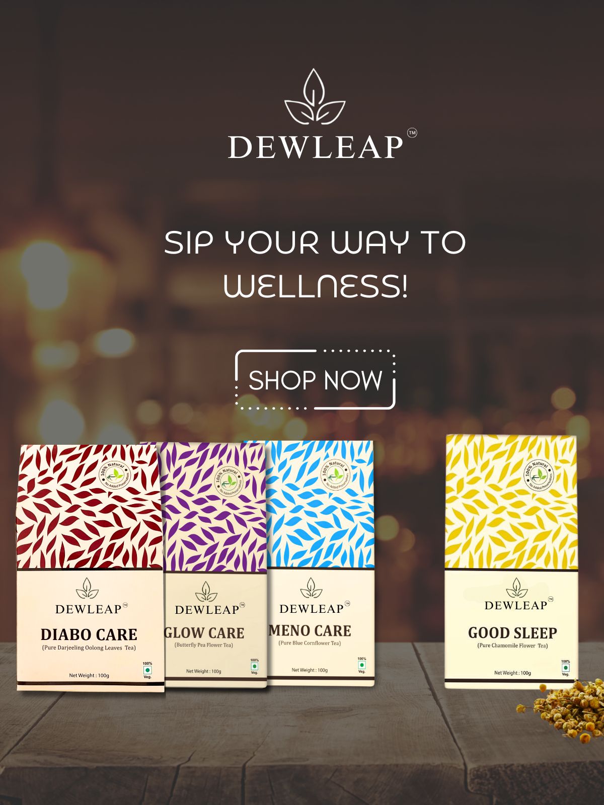 Dewleap Tea Wellness Range, chamomile tea, blue tea, butterfly pea flower tea, blue corn flower tea, oolong tea, oolong tea online, best Chinese oolong tea